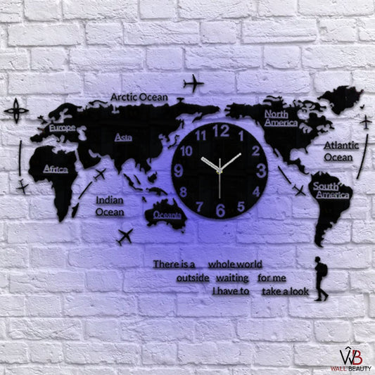 WORLD MAP ACRYLIC WALL CLOCK WITH NEON LIGHT - Al Marwati Decor
