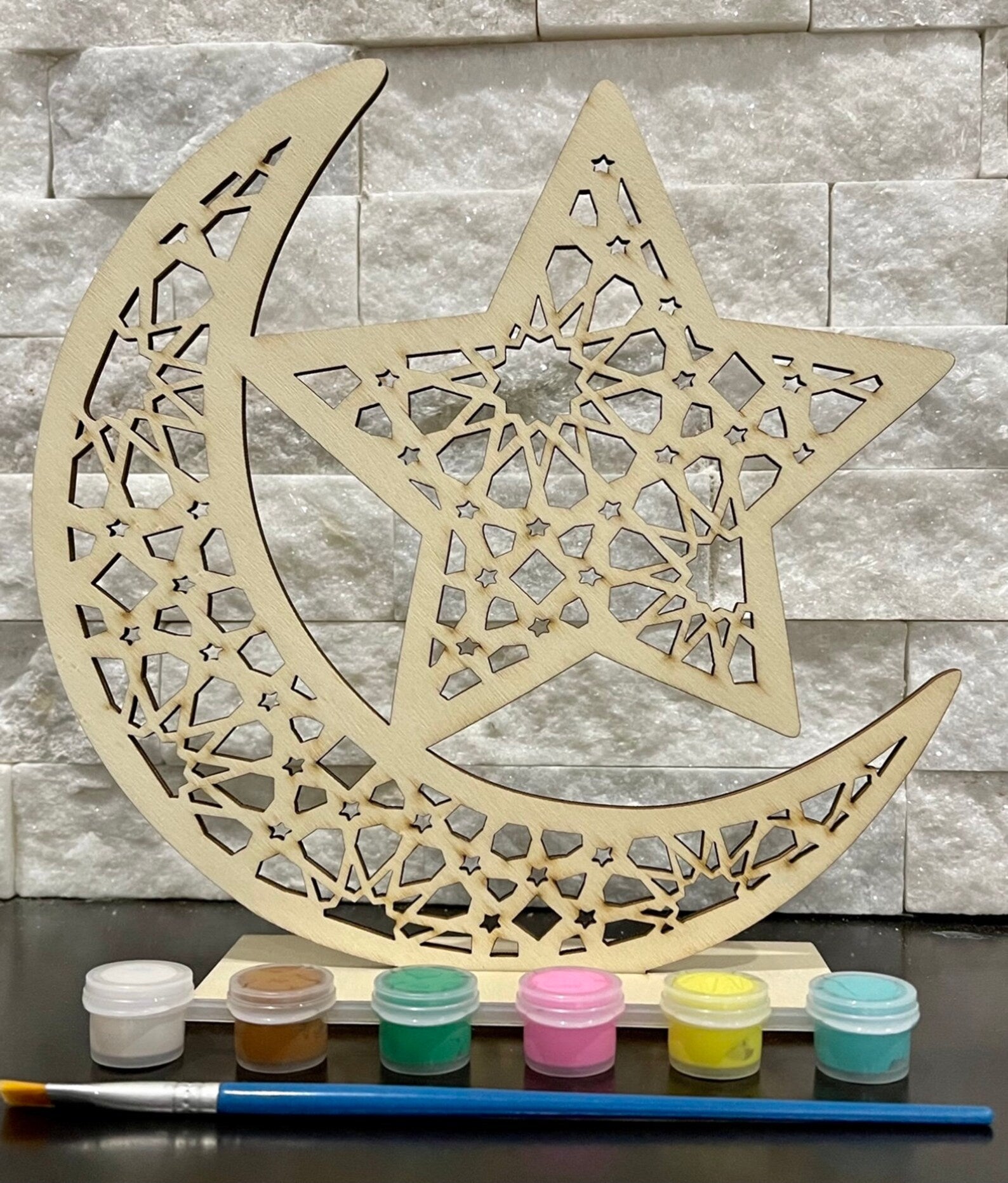 Wood Moon Star Eid Ramadan Decor | DIY Paint Your Own Set | Eid Gift | Ramadan Gift | Ramadan Kids Activity | Desk Decor | Geometric Moon - Al Marwati Decor